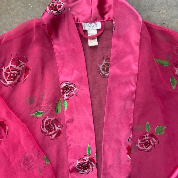 Sheer Hot Pink Silk Satin Women's Long Sleeve Bath robe house coat Rose Pattern - Picture 3 of 4